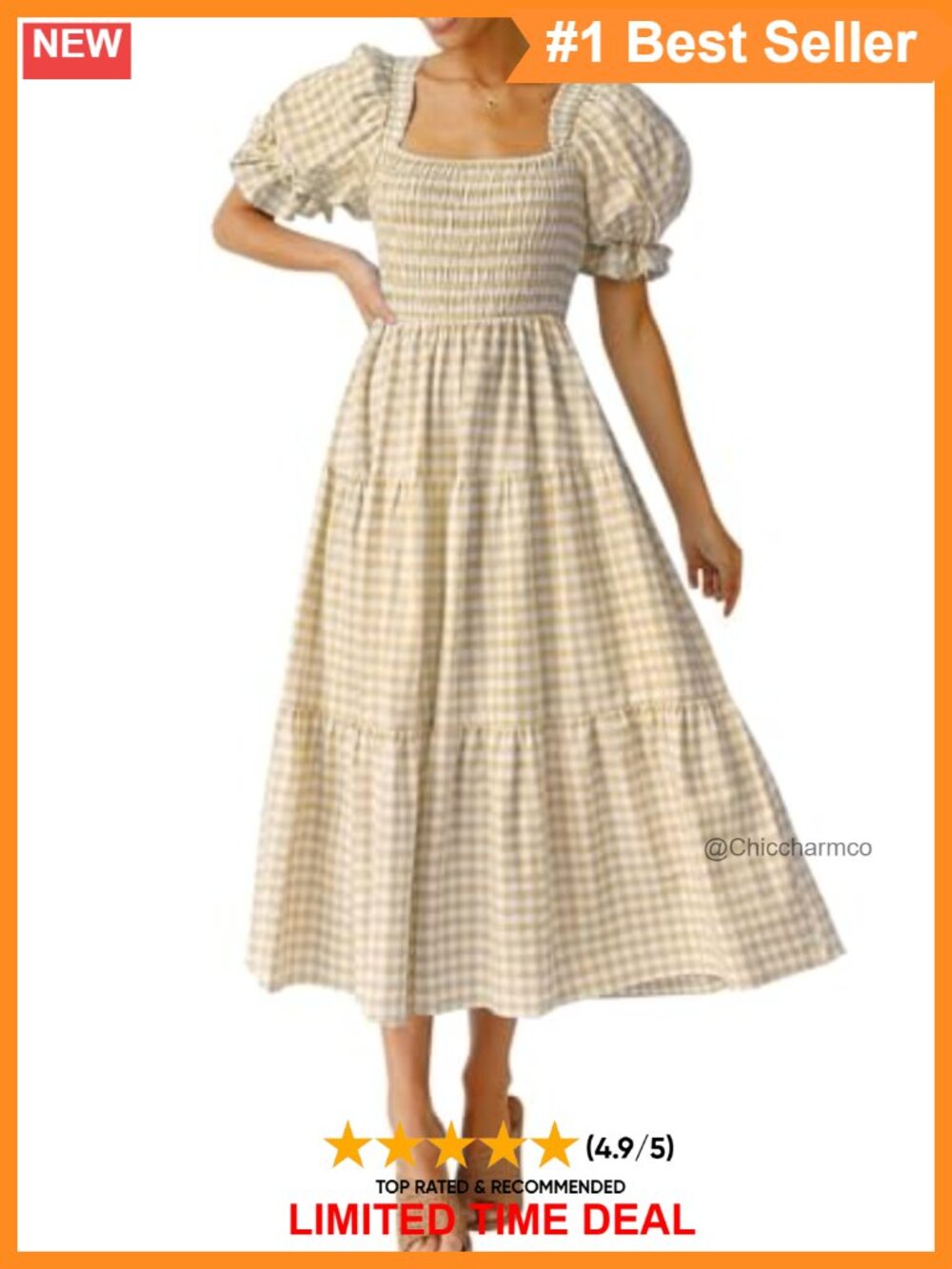 Boho Gingham Puff Sleeve Square Neck Midi Dress Fit & Flare